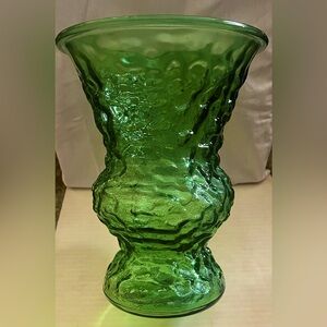 Vintage 1960s Mid Century EO Brody Green Crinkle Glass Vase 10” Tall.
